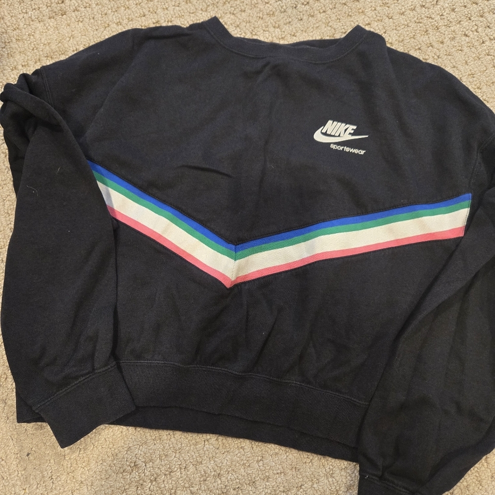 Nike Black Navy Crewneck Sweater with Pink, Green, Blue Stripe